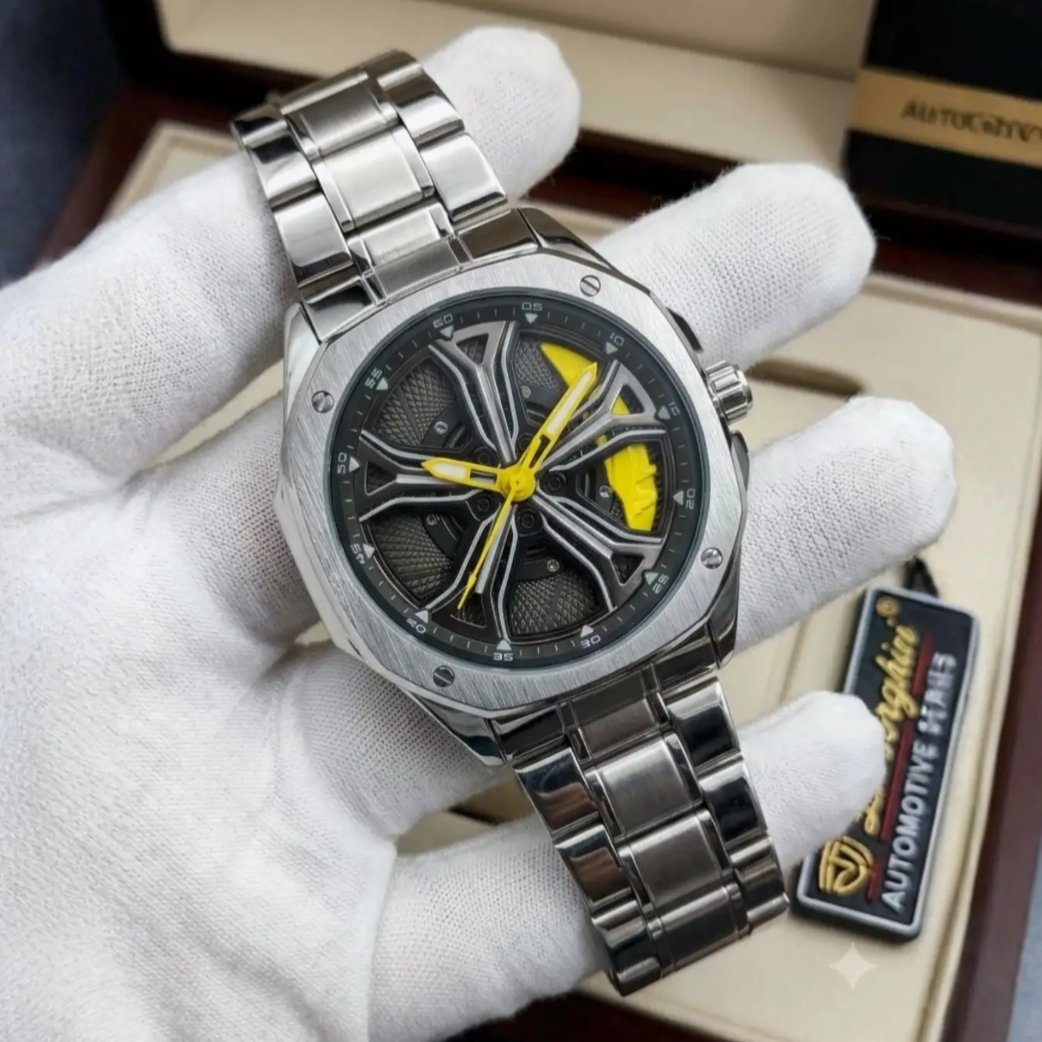 KECIO Luxury Automotive Rim Dial Men's Watch - Silver Stainless Steel with Yellow Caliper & Car Wheel Spoke Design + Premium Gift Box